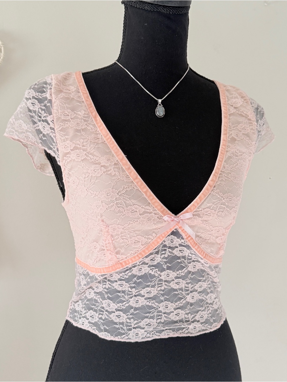 Sheer Lace Pink Crop Top with Bow Trim